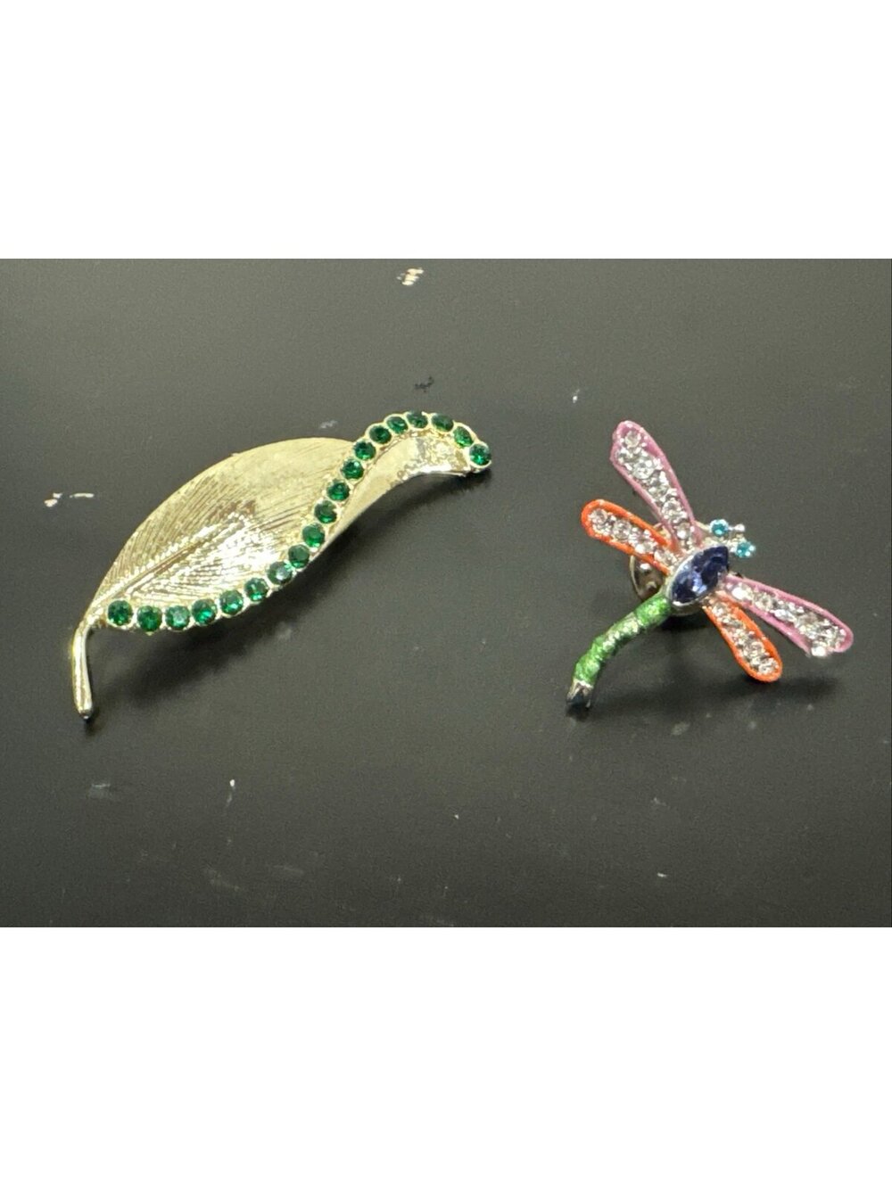 Gerry’s Signed Gold Leaf Green Rhinestone Broach & Colorful Dragonfly Pin